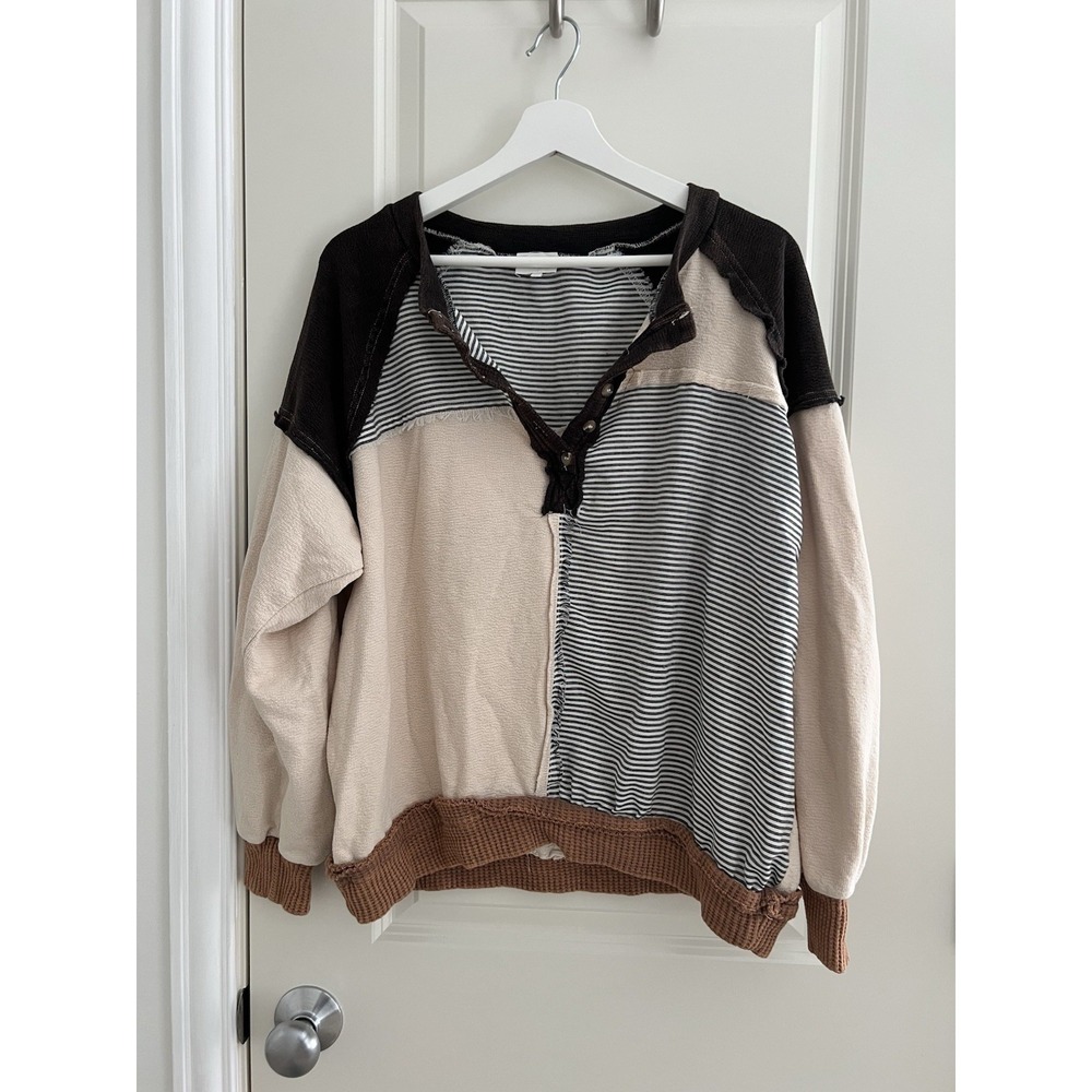 BKE By Buckle Pieced Oversized Henley Striped Pullover Size L
